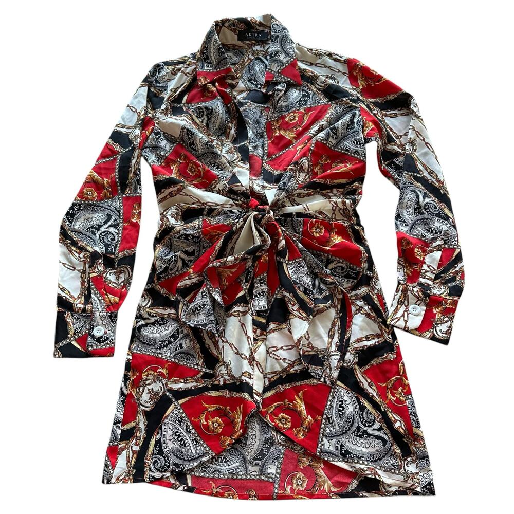 Womens Dress Size Small Red Paisley Plunge Chest Tie Front Gold Chains Midi